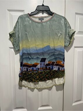 Anthropologie Scenic Village Print Short Sleeve Blouse - Sage Green